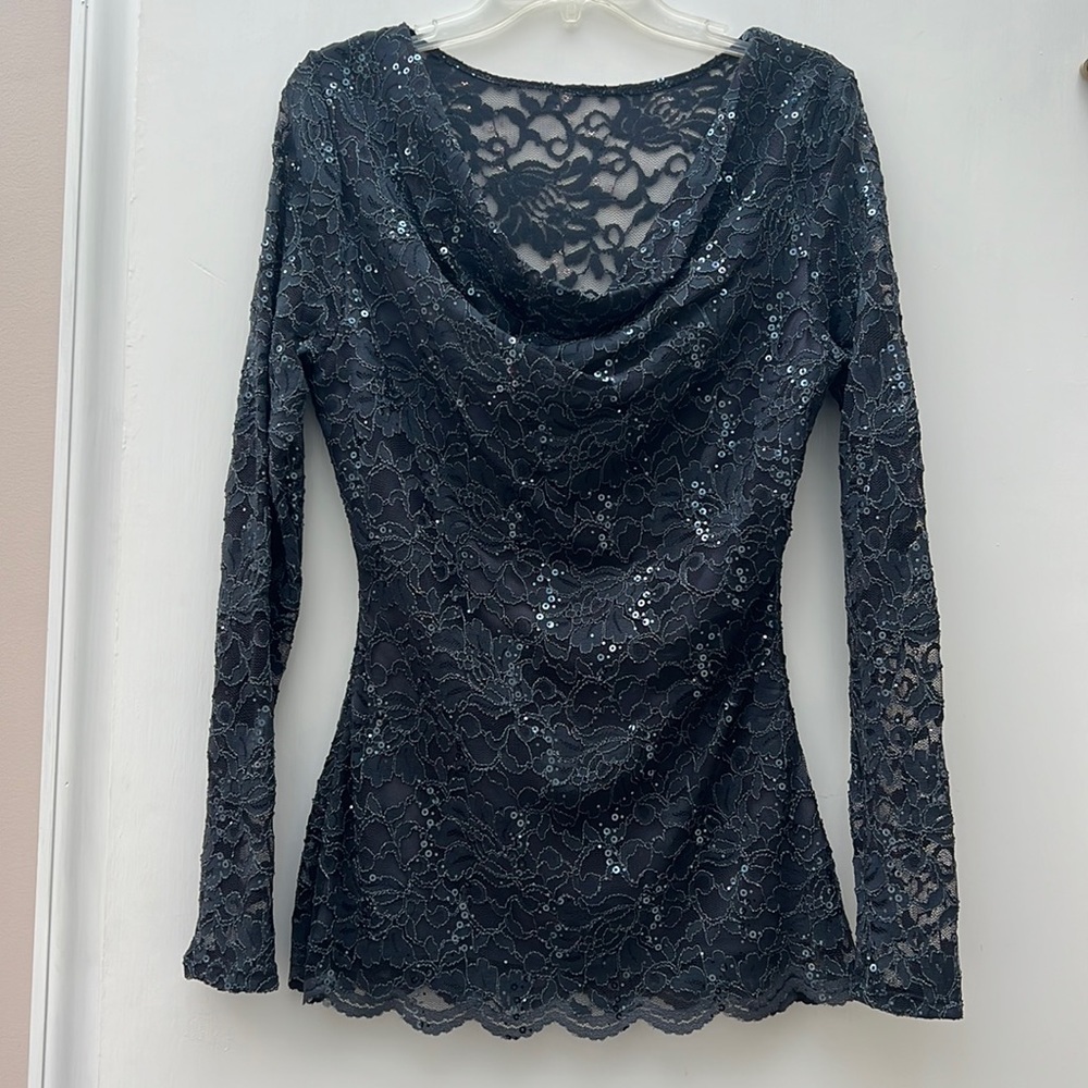 Boston Proper Lace Sequin Long Sleeve Blue Grey Stretchy Lined Blouse Top